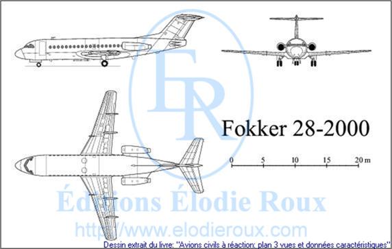 Copyright: Elodie Roux/Fokker28-2000 3-view drawing/plan 3 vues